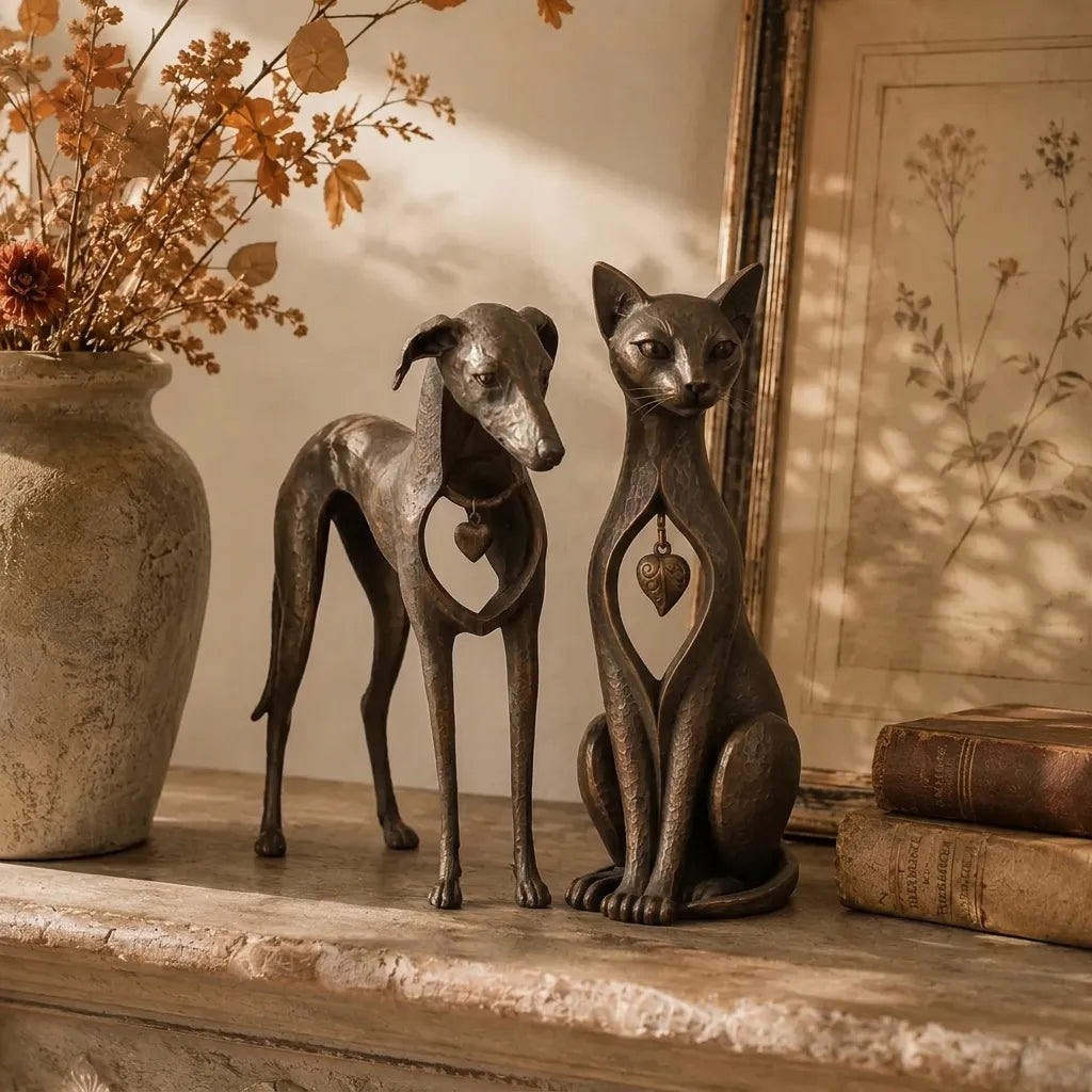 Heritage Heart Animal Sculpture – Vintage Iron Dog & Cat Accents for Timeless Interiors