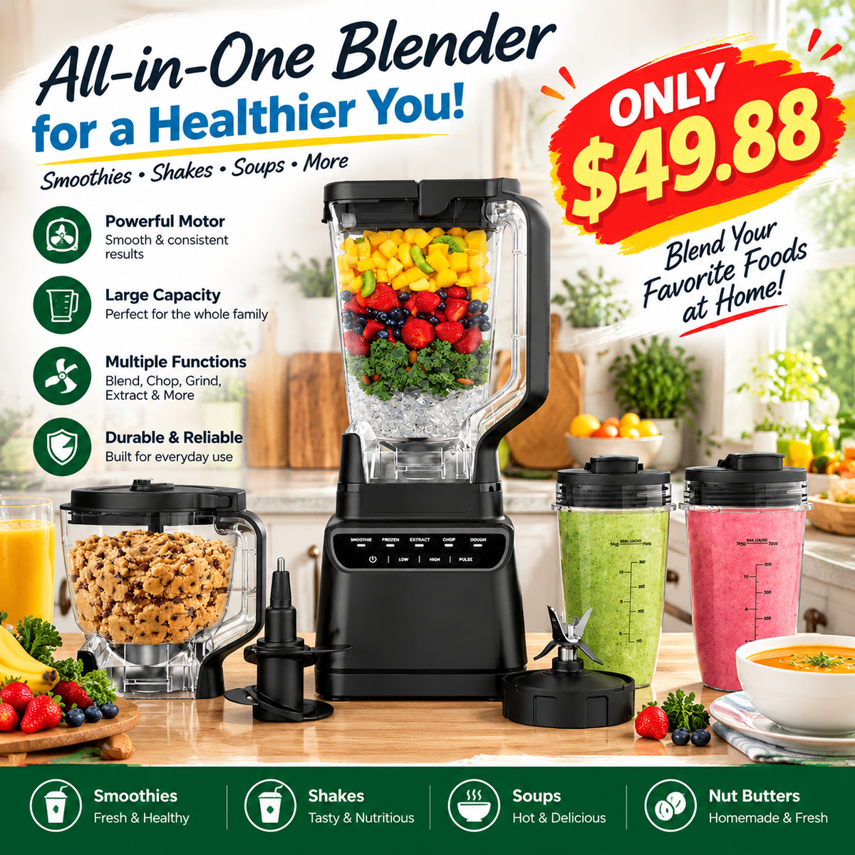 🔥3-in-1 Multifunctional Power Blender – All-in-One Kitchen Blender System with Large Capacity Pitcher, Personal Smoothie Cups & Food Processor Attachments, Powerful Ice Crushing, Chopping, Grinding, Juicing & Dough Making, Easy to Clean