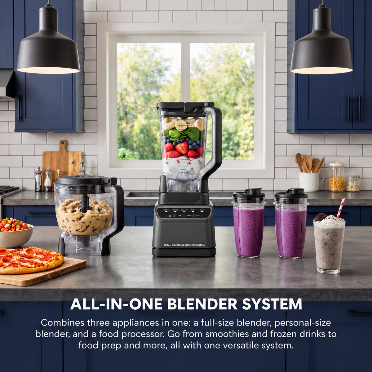 🔥3-in-1 Multifunctional Power Blender – All-in-One Kitchen Blender System with Large Capacity Pitcher, Personal Smoothie Cups & Food Processor Attachments, Powerful Ice Crushing, Chopping, Grinding, Juicing & Dough Making, Easy to Clean