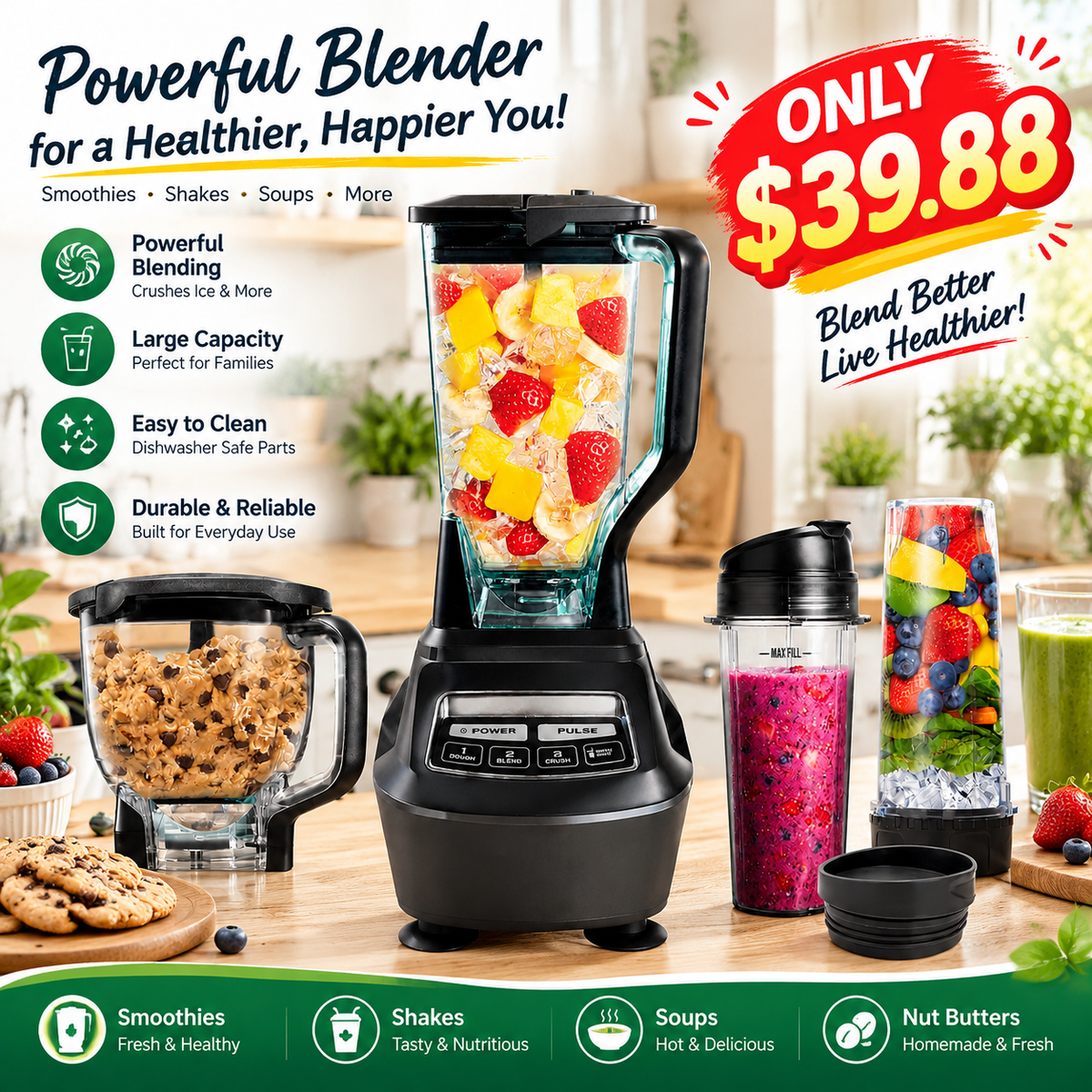🔥3-in-1 Multifunctional Power Blender – All-in-One Kitchen Blender System with Large Capacity Pitcher, Personal Smoothie Cups & Food Processor Attachments, Powerful Ice Crushing, Chopping, Grinding, Juicing & Dough Making, Easy to Clean