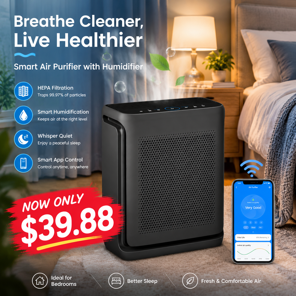 Air Purifier for Home, High-Efficiency HEPA Filtration, Quiet Sleep Mode, Smart App & Voice Control, Auto Mode, Compact Design for Bedroom, Living Room, Pets & Allergies