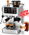 All-in-One Espresso Machine with Built-In Conical Burr Grinder, 10 Grind Settings, 20-Bar Pressure, Touchscreen Controls, Milk Frother & Stainless Steel Design