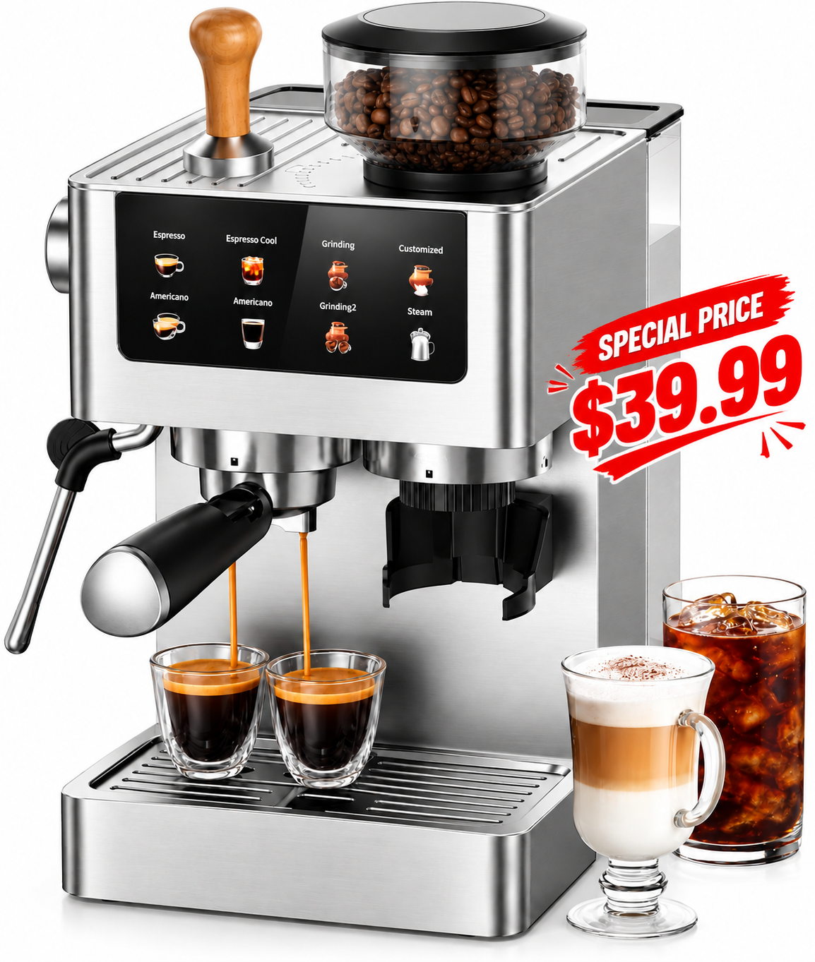 All-in-One Espresso Machine with Built-In Conical Burr Grinder, 10 Grind Settings, 20-Bar Pressure, Touchscreen Controls, Milk Frother & Stainless Steel Design
