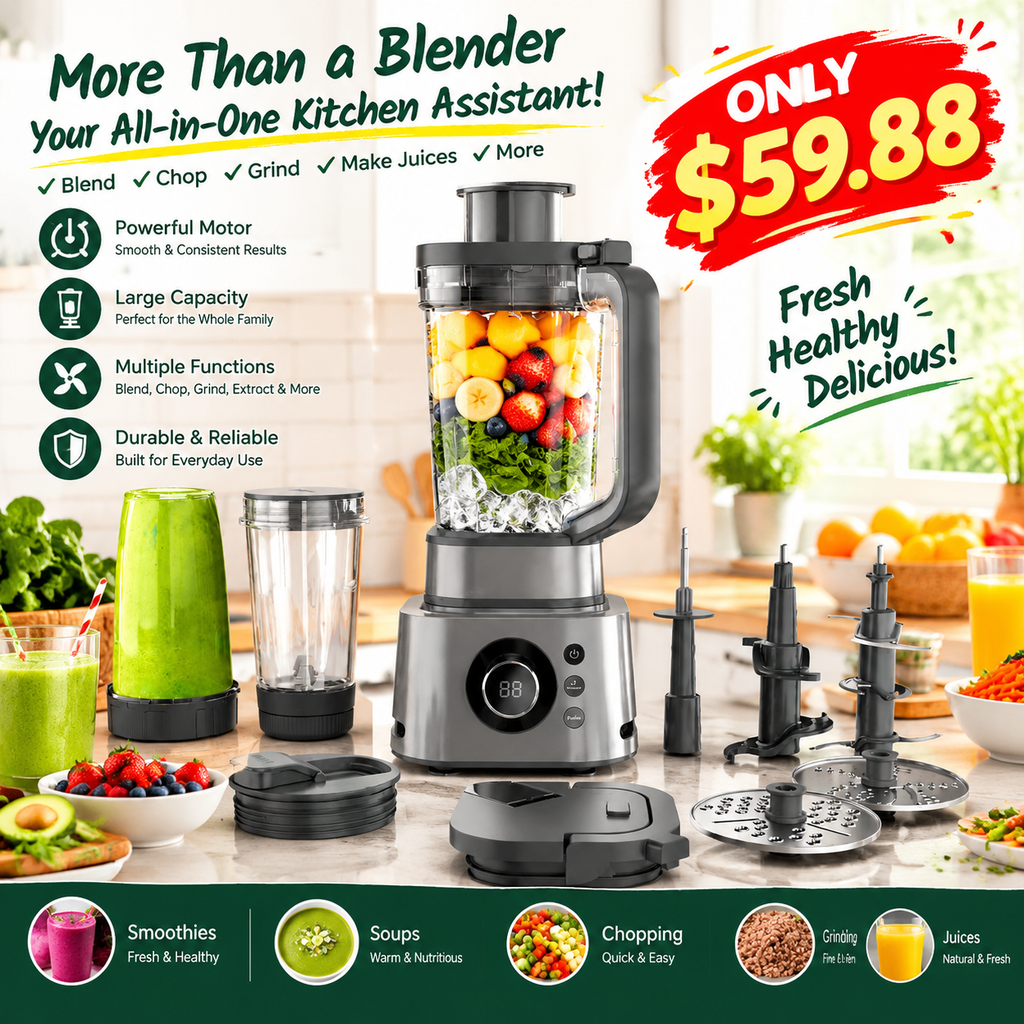 🔥3-in-1 Multifunctional Power Blender – All-in-One Kitchen Blender System with Large Capacity Pitcher, Personal Smoothie Cups & Food Processor Attachments, Powerful Ice Crushing, Chopping, Grinding, Juicing & Dough Making, Easy to Clean