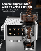 All-in-One Espresso Machine with Built-In Conical Burr Grinder, 10 Grind Settings, 20-Bar Pressure, Touchscreen Controls, Milk Frother & Stainless Steel Design