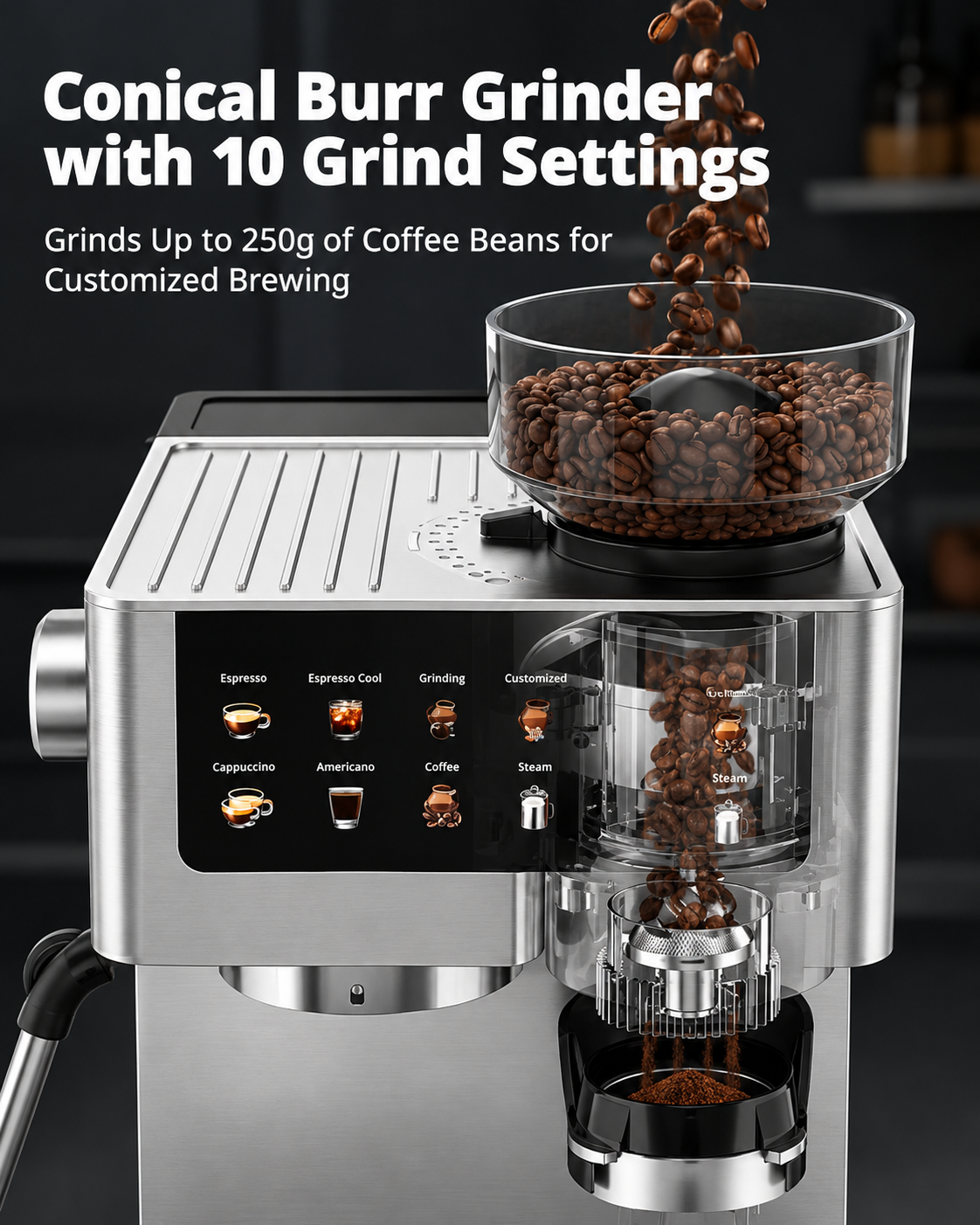 All-in-One Espresso Machine with Built-In Conical Burr Grinder, 10 Grind Settings, 20-Bar Pressure, Touchscreen Controls, Milk Frother & Stainless Steel Design