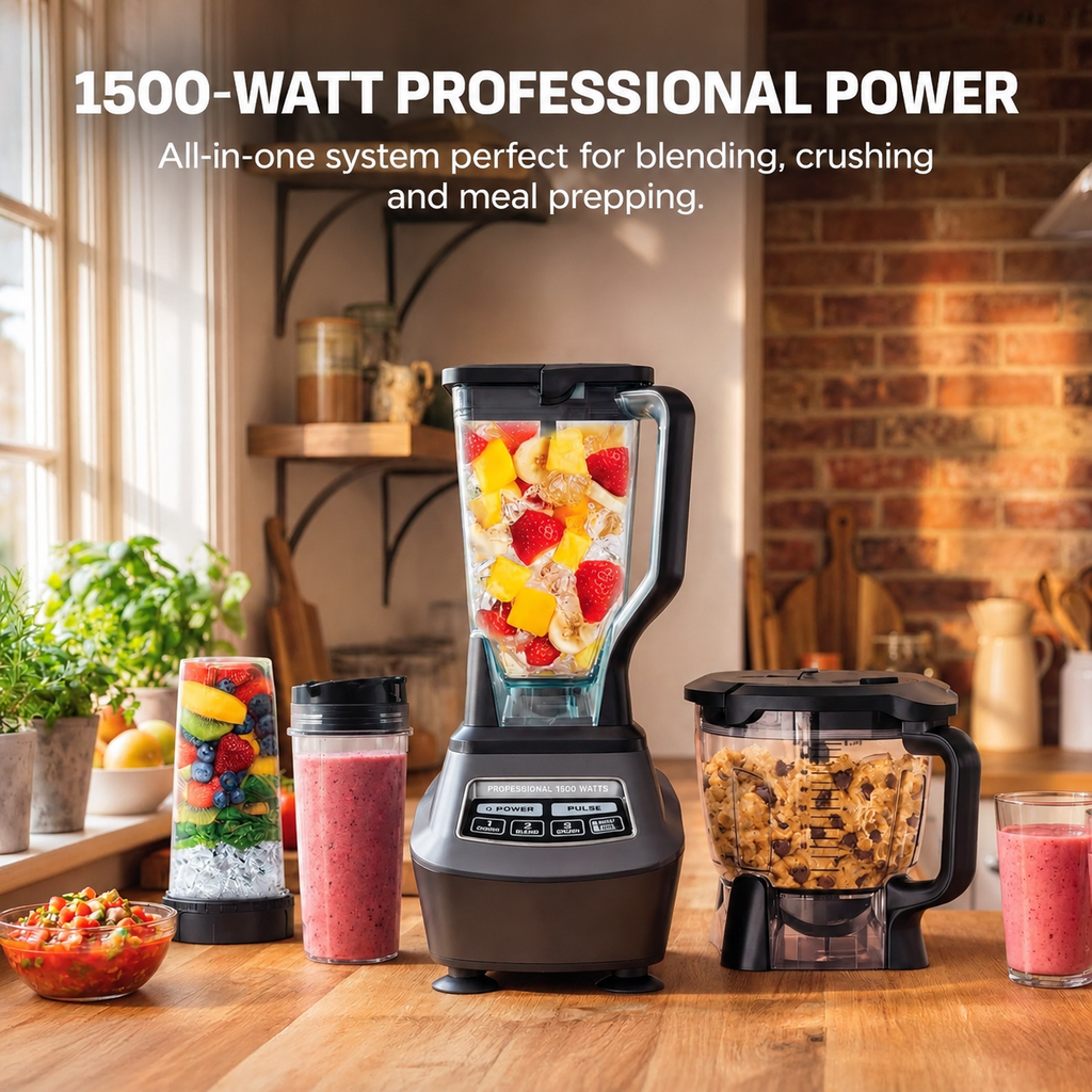 🔥3-in-1 Multifunctional Power Blender – All-in-One Kitchen Blender System with Large Capacity Pitcher, Personal Smoothie Cups & Food Processor Attachments, Powerful Ice Crushing, Chopping, Grinding, Juicing & Dough Making, Easy to Clean