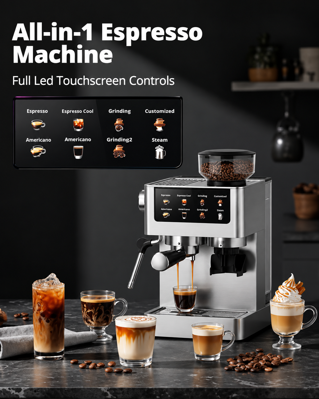 All-in-One Espresso Machine with Built-In Conical Burr Grinder, 10 Grind Settings, 20-Bar Pressure, Touchscreen Controls, Milk Frother & Stainless Steel Design