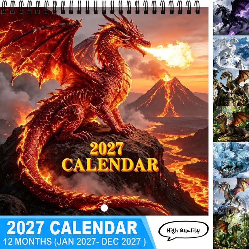 Cute 2027 Fire Dragon Wall Calendar, Fantasy Gift Idea For Fans