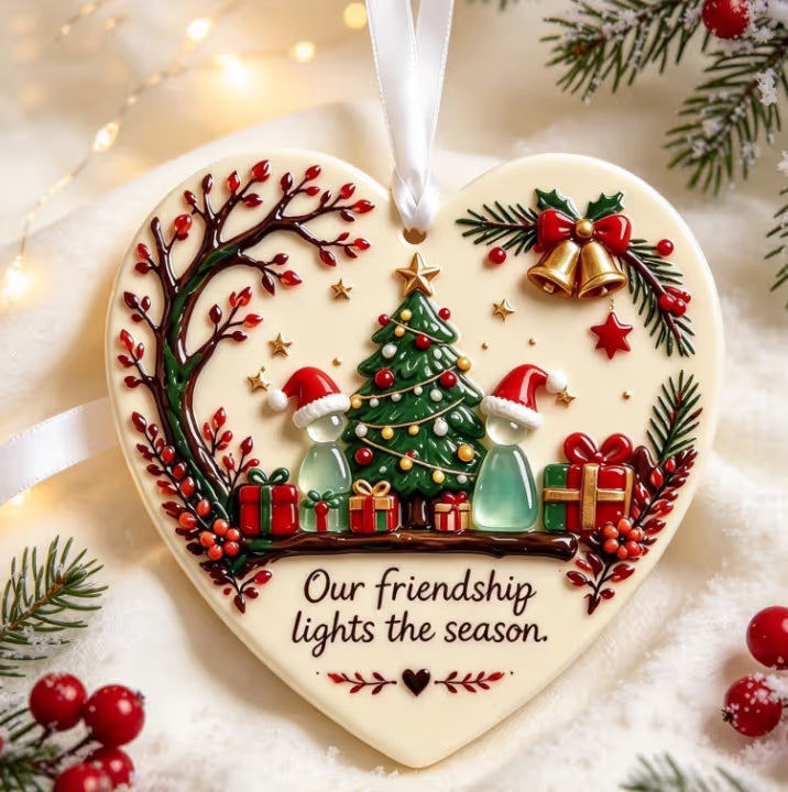 🔥LAST DAY 50% OFF - Christmas Friendship Heart Ornament 🎄💕 Glazed Ceramic Keepsake With Sea Glass Figures & Heartfelt Blessing