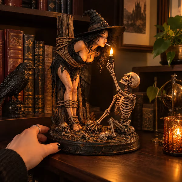 🧙💀Witch & Skeleton Candle Scene Figurine – Dark Gothic Halloween Tabletop Decor🔥