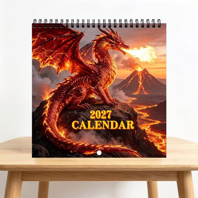 Cute 2027 Fire Dragon Wall Calendar, Fantasy Gift Idea For Fans