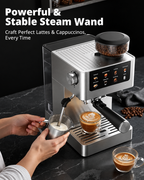 All-in-One Espresso Machine with Built-In Conical Burr Grinder, 10 Grind Settings, 20-Bar Pressure, Touchscreen Controls, Milk Frother & Stainless Steel Design
