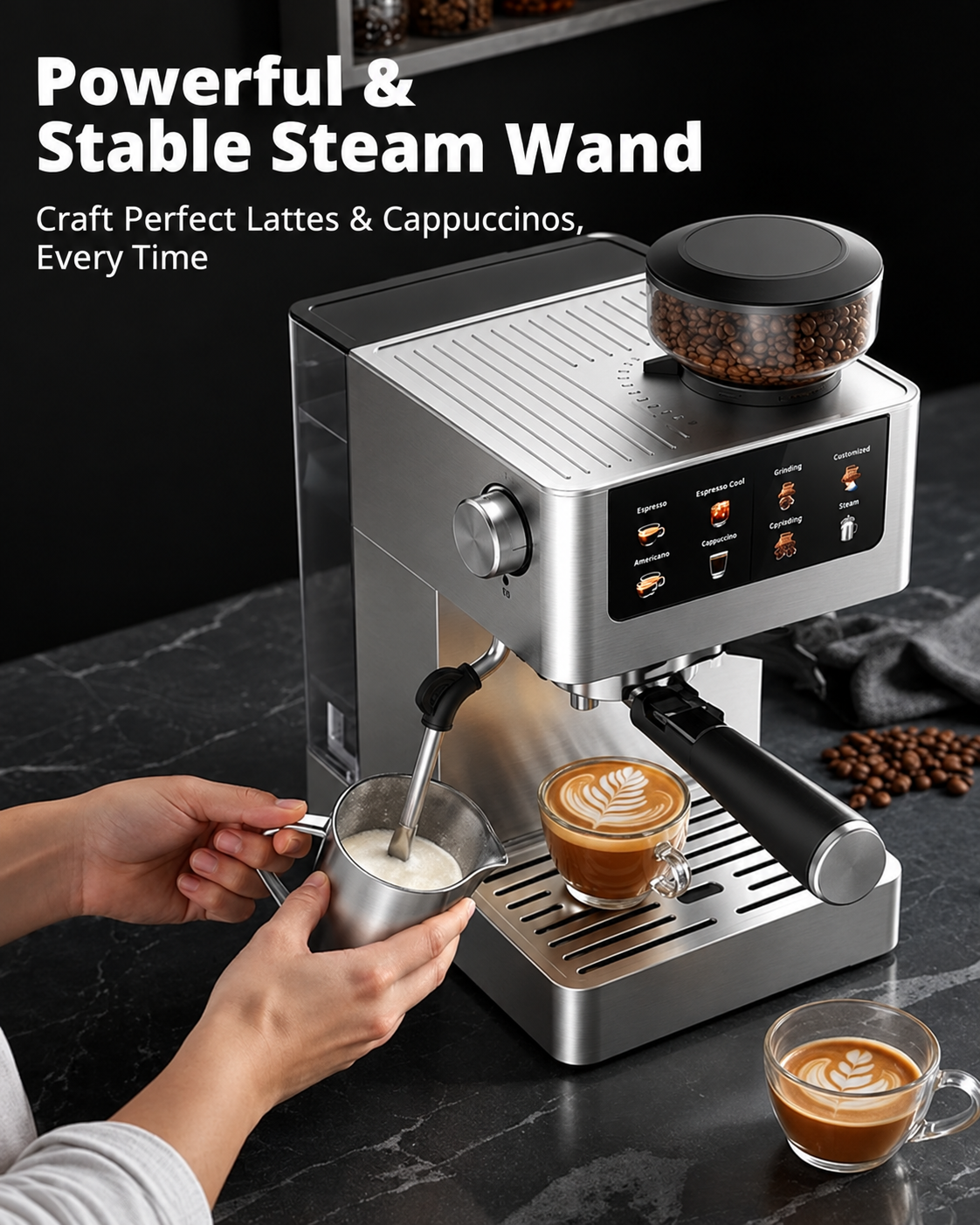 All-in-One Espresso Machine with Built-In Conical Burr Grinder, 10 Grind Settings, 20-Bar Pressure, Touchscreen Controls, Milk Frother & Stainless Steel Design