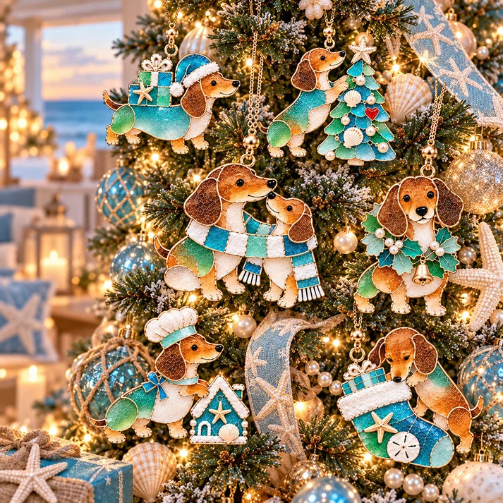 Coastal Christmas Dachshund Ornament Set – 6-Piece Stained Glass-Inspired Sea Glass Dog Christmas Tree Decorations, Gift for Dachshund Lovers