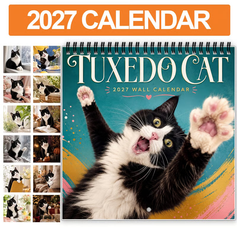 2027 Tuxedo Cat Wall Calendar, Spiral Bound Cute Cat Gift Decor