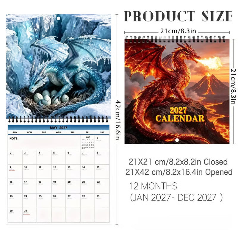 Cute 2027 Fire Dragon Wall Calendar, Fantasy Gift Idea For Fans