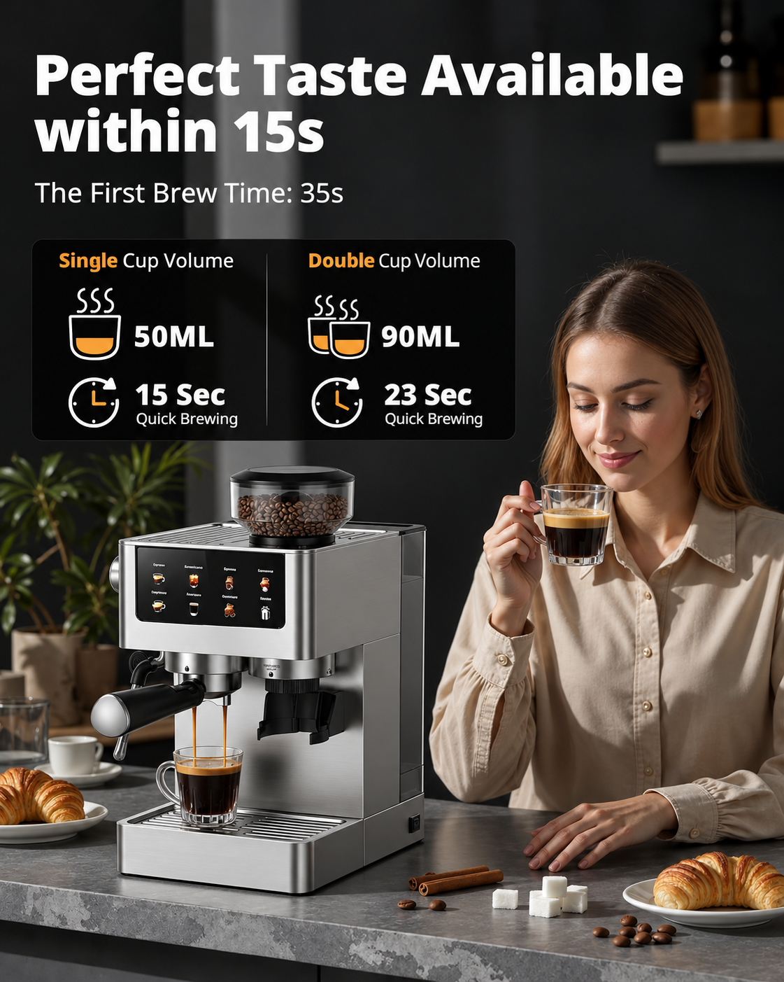 All-in-One Espresso Machine with Built-In Conical Burr Grinder, 10 Grind Settings, 20-Bar Pressure, Touchscreen Controls, Milk Frother & Stainless Steel Design