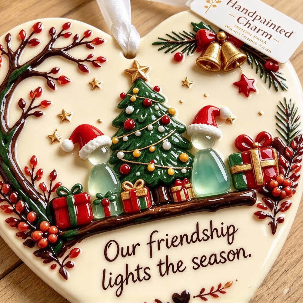 🔥LAST DAY 50% OFF - Christmas Friendship Heart Ornament 🎄💕 Glazed Ceramic Keepsake With Sea Glass Figures & Heartfelt Blessing