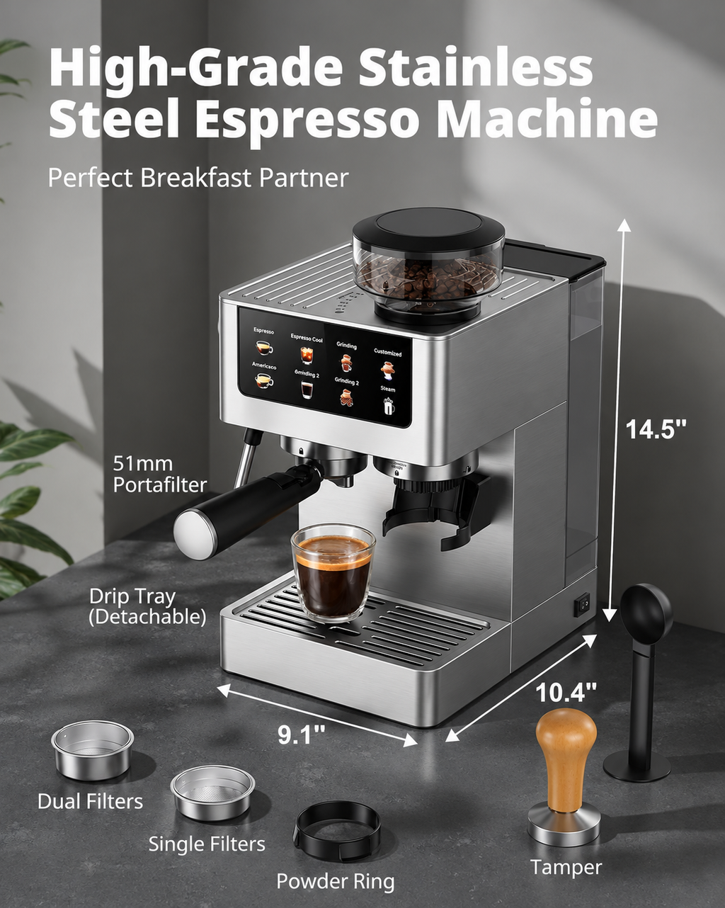 All-in-One Espresso Machine with Built-In Conical Burr Grinder, 10 Grind Settings, 20-Bar Pressure, Touchscreen Controls, Milk Frother & Stainless Steel Design