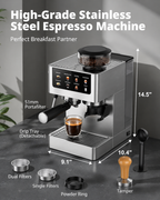 All-in-One Espresso Machine with Built-In Conical Burr Grinder, 10 Grind Settings, 20-Bar Pressure, Touchscreen Controls, Milk Frother & Stainless Steel Design