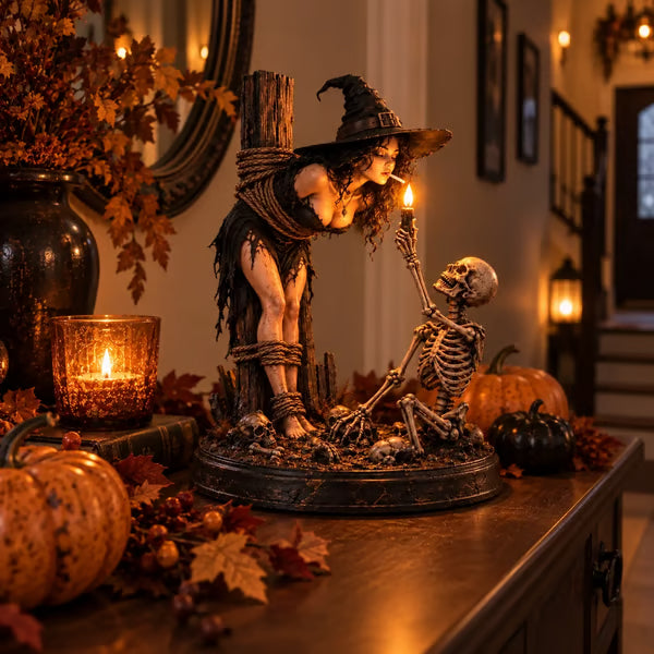 🧙💀Witch & Skeleton Candle Scene Figurine – Dark Gothic Halloween Tabletop Decor🔥