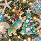 Coastal Christmas Dachshund Ornament Set – 6-Piece Stained Glass-Inspired Sea Glass Dog Christmas Tree Decorations, Gift for Dachshund Lovers