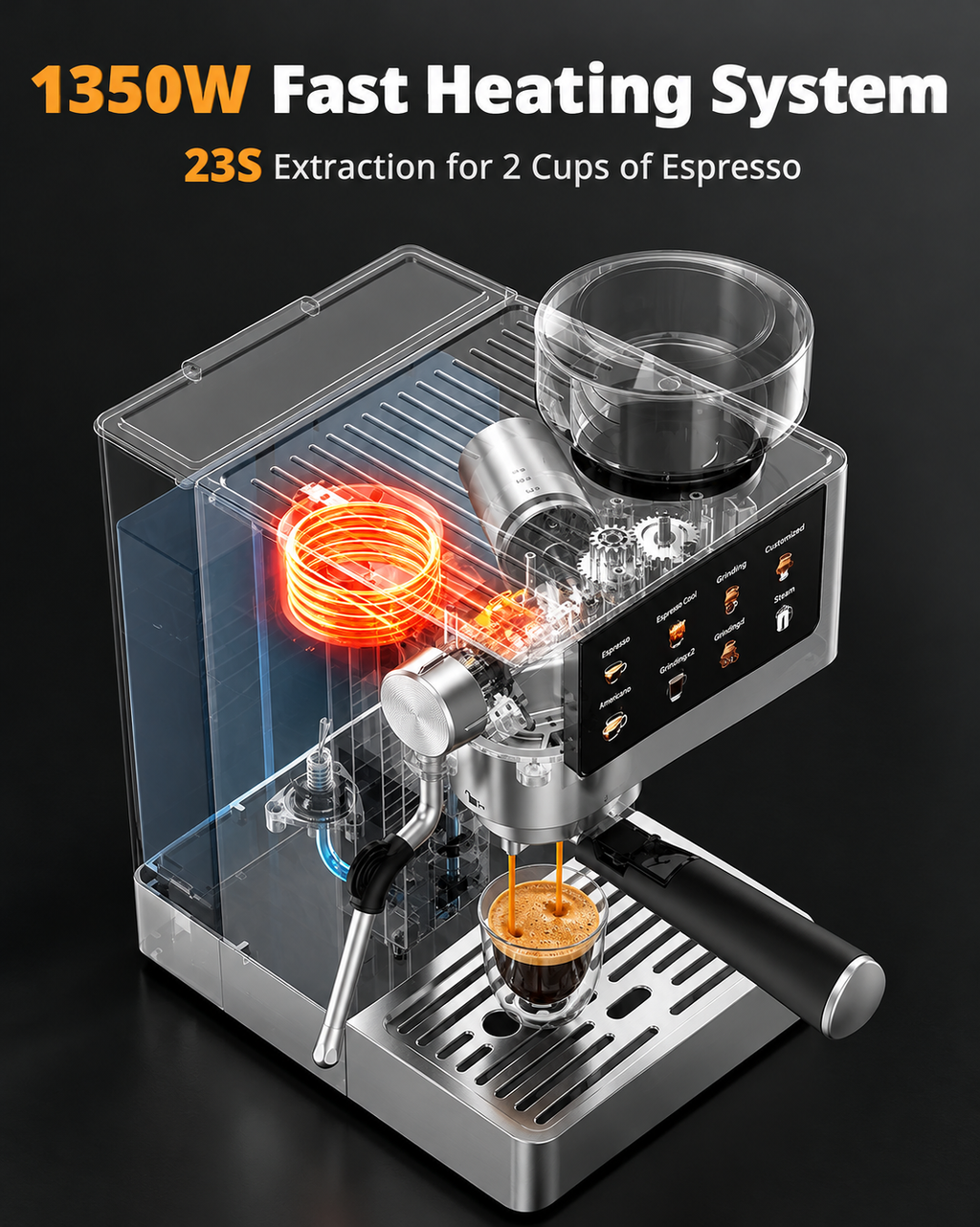 All-in-One Espresso Machine with Built-In Conical Burr Grinder, 10 Grind Settings, 20-Bar Pressure, Touchscreen Controls, Milk Frother & Stainless Steel Design