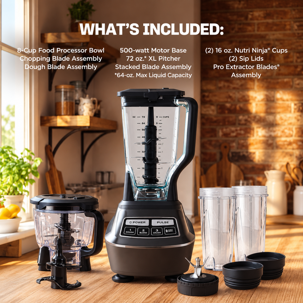 🔥3-in-1 Multifunctional Power Blender – All-in-One Kitchen Blender System with Large Capacity Pitcher, Personal Smoothie Cups & Food Processor Attachments, Powerful Ice Crushing, Chopping, Grinding, Juicing & Dough Making, Easy to Clean