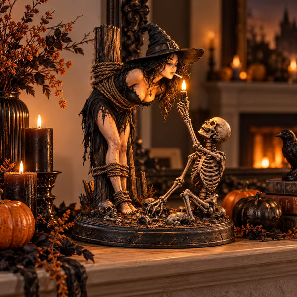 🧙💀Witch & Skeleton Candle Scene Figurine – Dark Gothic Halloween Tabletop Decor🔥