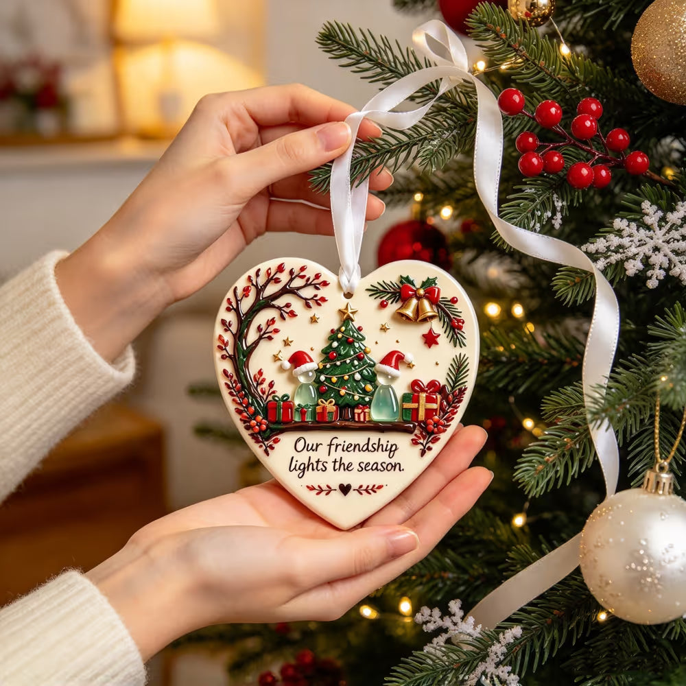 🔥LAST DAY 50% OFF - Christmas Friendship Heart Ornament 🎄💕 Glazed Ceramic Keepsake With Sea Glass Figures & Heartfelt Blessing