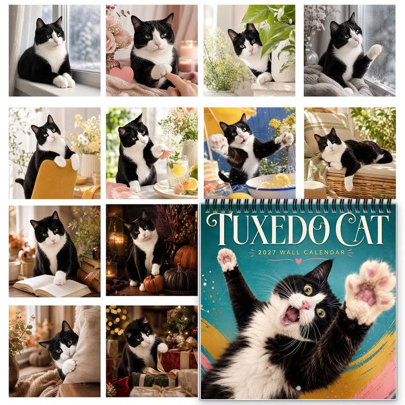 2027 Tuxedo Cat Wall Calendar, Spiral Bound Cute Cat Gift Decor