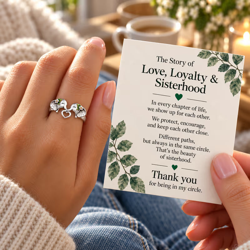 🐘 Anillo de corazón con elefante de plata pura – Regalo significativo de hermandad y mejores amigas con tarjeta de mensaje