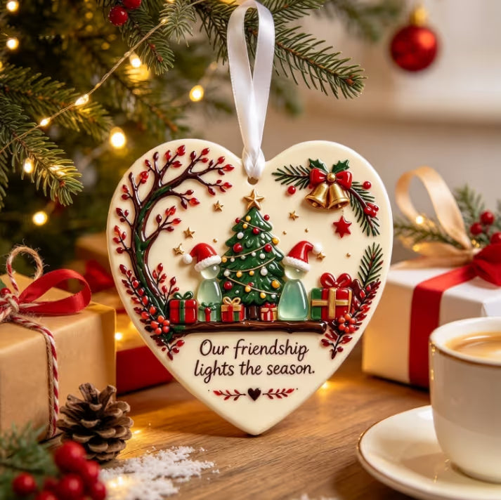 🔥LAST DAY 50% OFF - Christmas Friendship Heart Ornament 🎄💕 Glazed Ceramic Keepsake With Sea Glass Figures & Heartfelt Blessing