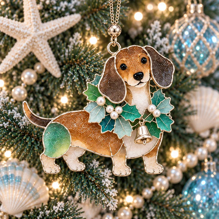Coastal Christmas Dachshund Ornament Set – 6-Piece Stained Glass-Inspired Sea Glass Dog Christmas Tree Decorations, Gift for Dachshund Lovers