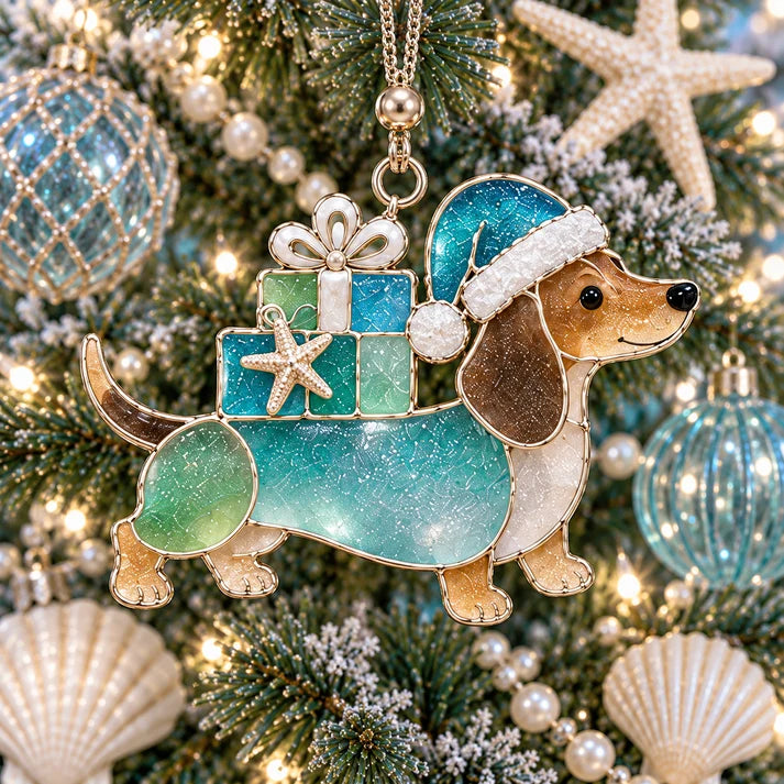 Coastal Christmas Dachshund Ornament Set – 6-Piece Stained Glass-Inspired Sea Glass Dog Christmas Tree Decorations, Gift for Dachshund Lovers