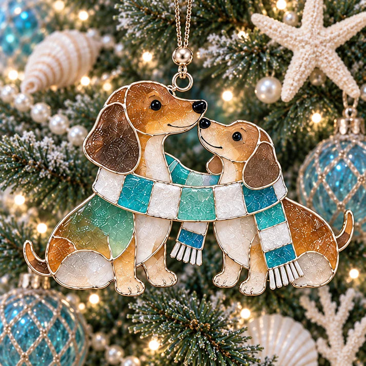 Coastal Christmas Dachshund Ornament Set – 6-Piece Stained Glass-Inspired Sea Glass Dog Christmas Tree Decorations, Gift for Dachshund Lovers