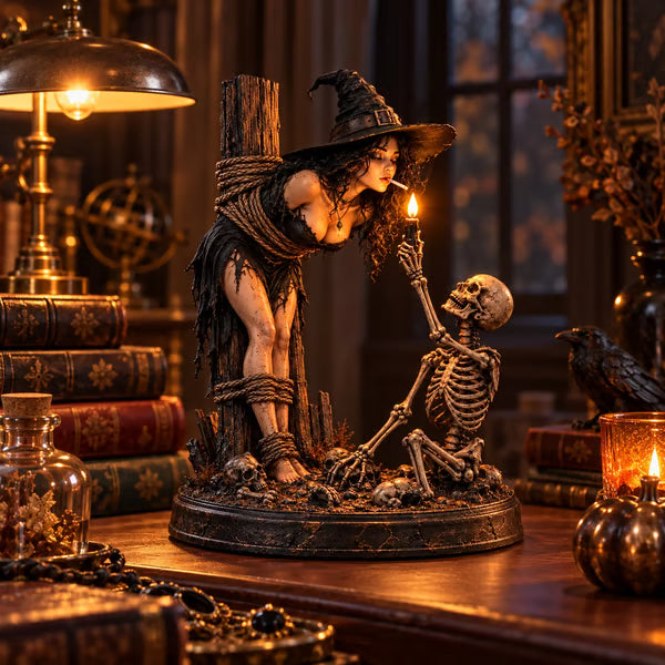 🧙💀Witch & Skeleton Candle Scene Figurine – Dark Gothic Halloween Tabletop Decor🔥