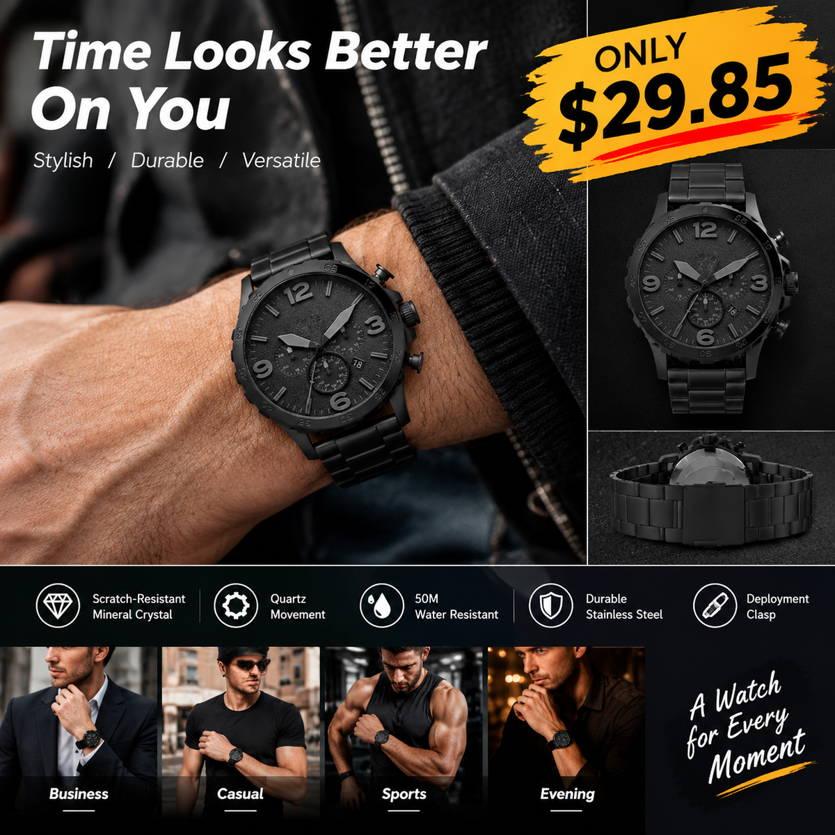Men's Black Stainless Steel Watch – 50mm Chronograph Style, 50M Water Resistant