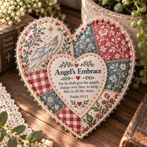 ❤️ Faith & Comfort Patchwork Heart Decor – Scripture-Inspired Keepsake
