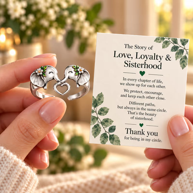 🐘 Anillo de corazón con elefante de plata pura – Regalo significativo de hermandad y mejores amigas con tarjeta de mensaje