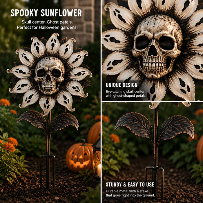 💀🌻Halloween Skull Ghost Sunflower Garden Stake