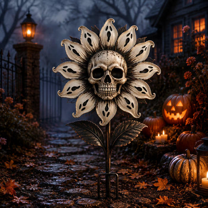 💀🌻Halloween Skull Ghost Sunflower Garden Stake