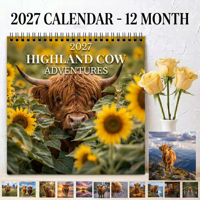 🐮 Highland Cow Adventures 2027 Wall Calendar – 12 Months of Charming Highland Cows & Rustic Countryside Moments