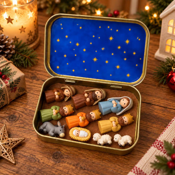✝️ Mini Nativity Scene Keepsake Tin — Pocket-Sized Christmas Holy Family Set