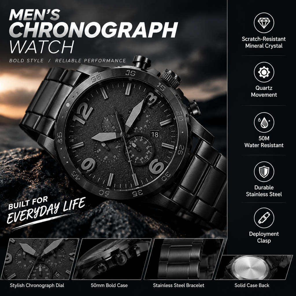 Men's Black Stainless Steel Watch – 50mm Chronograph Style, 50M Water Resistant